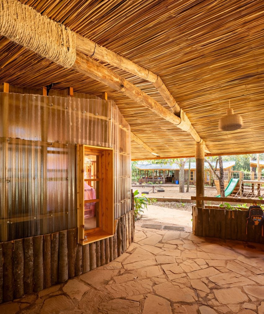 Close-up of classroom within temporary school by Urko Sánchez Architects