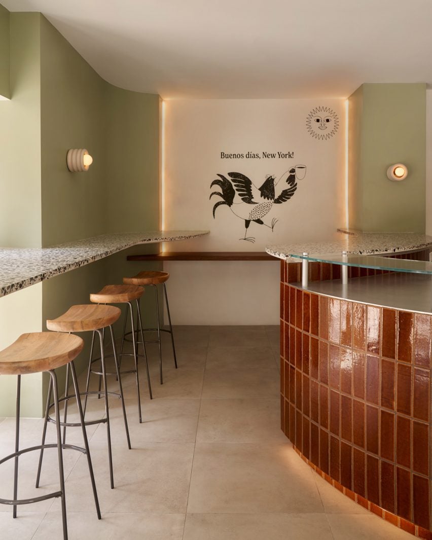 Restaurant with pistachio walls and terrazzo counters